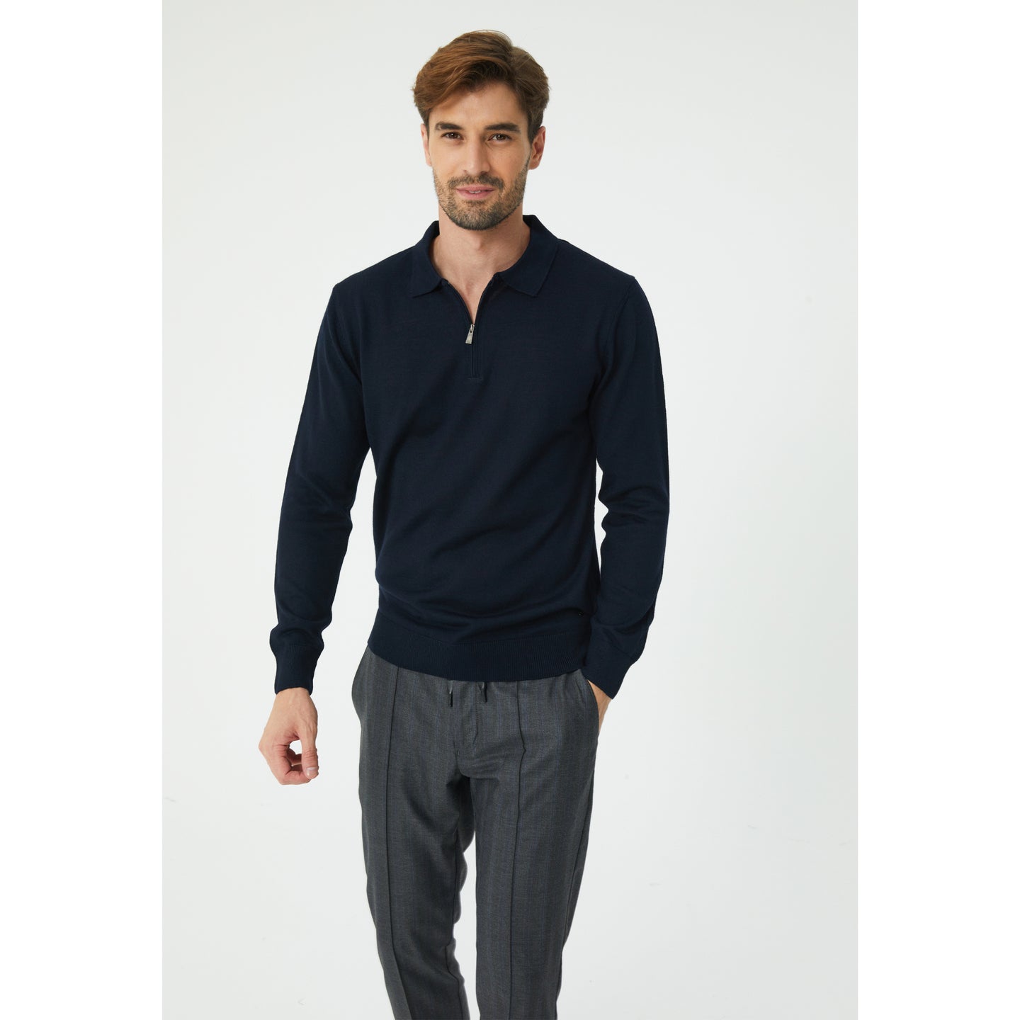 Dark Navy Wool Blend Half-Zip Sweater